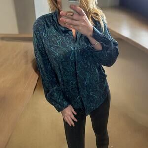 Pendleton Vintage Button Front Mock Neck Top Blue Green Size 14